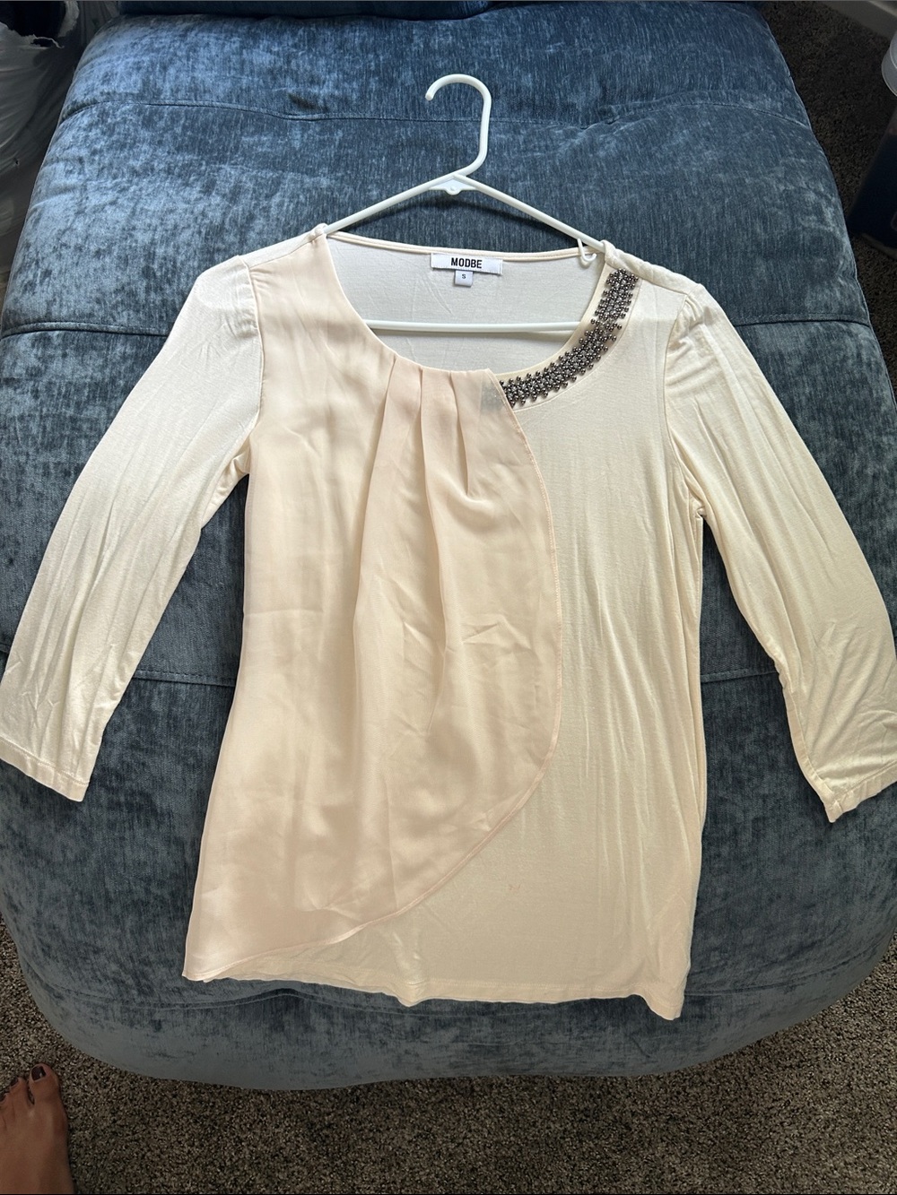 Cream Embellished Layered Front Long Sleeve Top